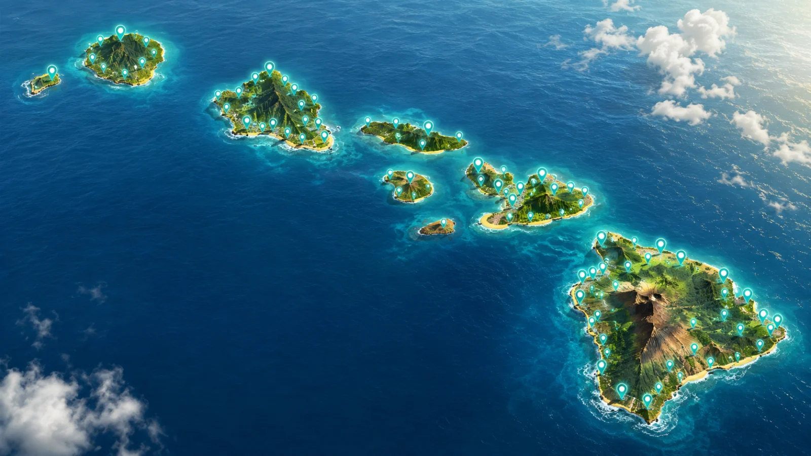 Map of the Hawaiian Islands with tour location markers
